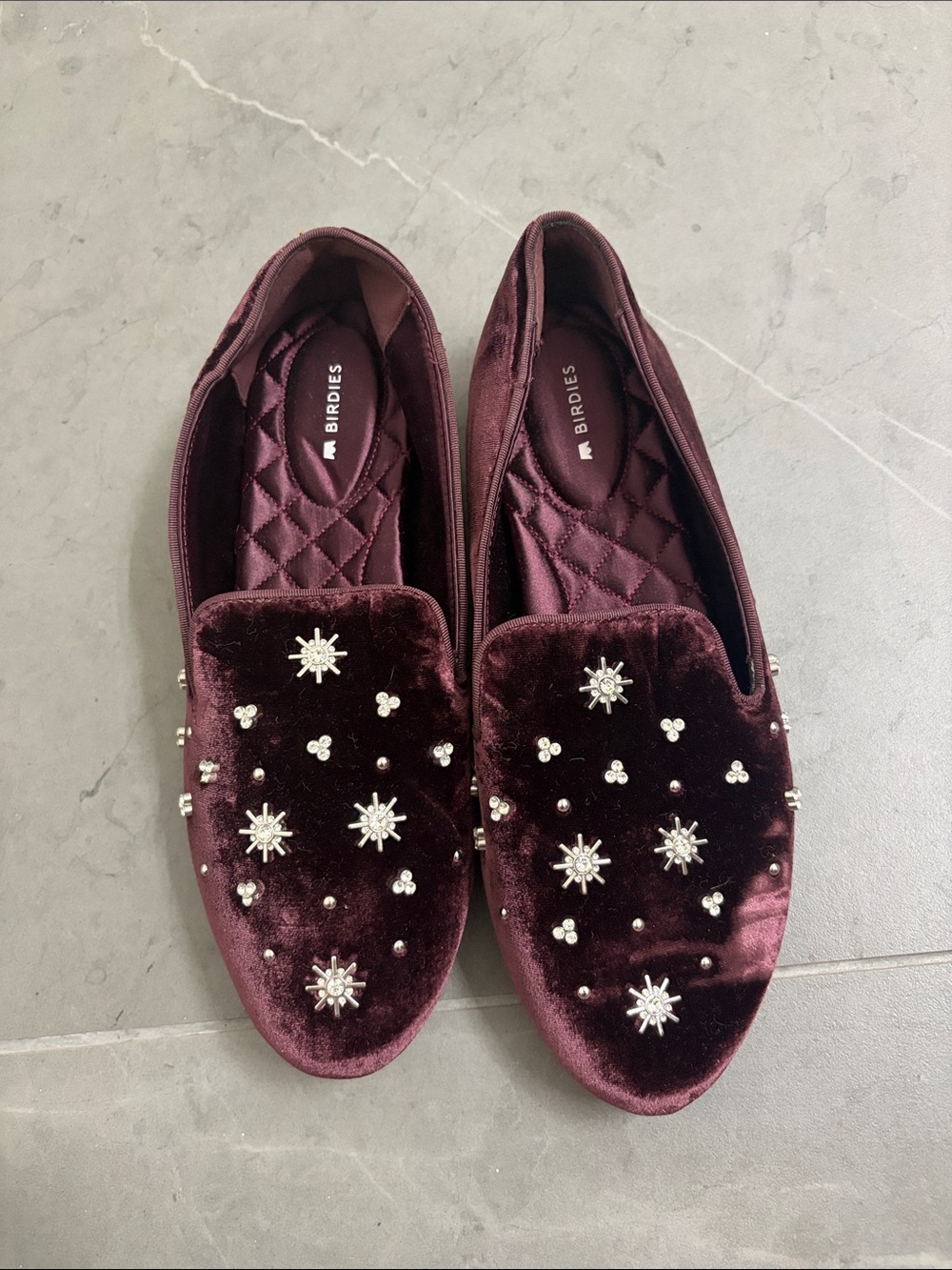 Birdies Velvet Loafers with Crystal Star Embellishments in Burgundy